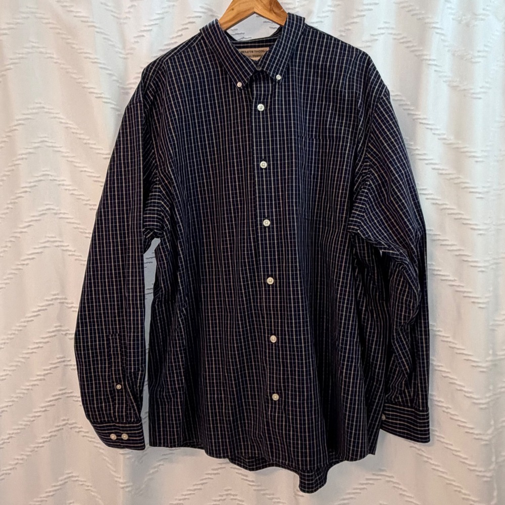 Duluth Trading Co Wrinklefighter Shirt Mens 2XL Navy Blue Grid Check Button Down